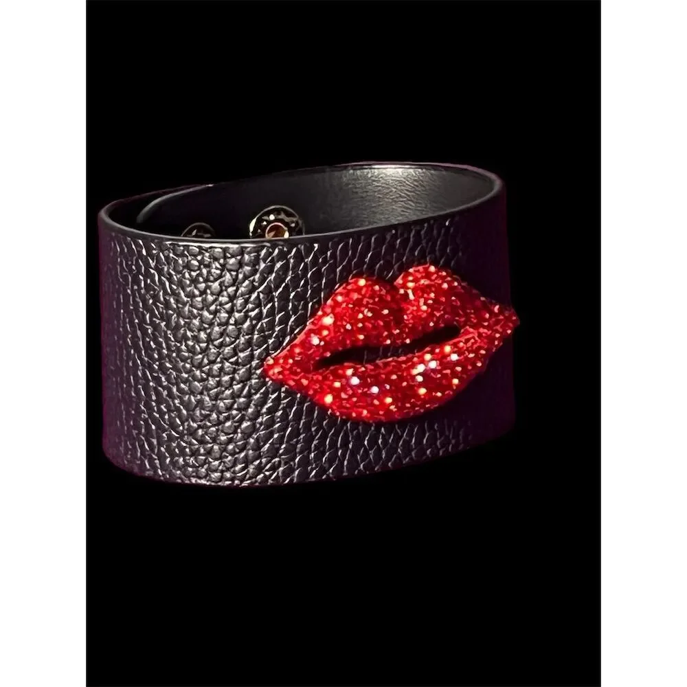 Rhinestone Red Lip Cuff Bracelet Black PU Leather​